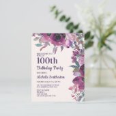 Elegant Paarse Waterverf Floral 100e verjaardag Kaart (Staand voorkant)