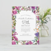 Elegant Paarse Waterverf Floral 18e verjaardag Kaart (Staand voorkant)