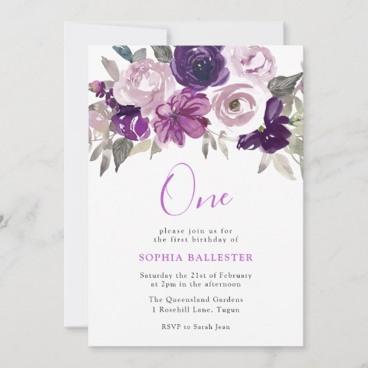 Elegant Paarse Waterverf Floral 1e verjaardag Kaart (Voorkant)