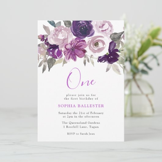 Elegant Paarse Waterverf Floral 1e verjaardag Kaart (Staand voorkant)