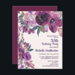 Elegant Paarse Waterverf Floral 30th Birthday Kaart<br><div class="desc">Mooie botanische lila en paarse waterverf op 30ste verjaardag uitnodiging.</div>