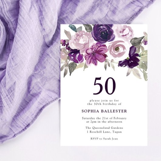 Elegant Paarse Waterverf Floral 50e verjaardag Kaart