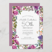 Elegant Paarse Waterverf Floral 50e verjaardag Kaart (Voorkant / Achterkant)