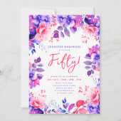 Elegant Paarse Waterverf Floral 50e verjaardag Kaart (Voorkant)