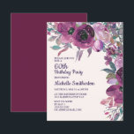 Elegant Paarse Waterverf Floral 60th Birthday Kaart<br><div class="desc">Mooie botanische lila en paarse waterverf,  bloemrijke uitnodiging voor het 60ste verjaardagsfeest.</div>