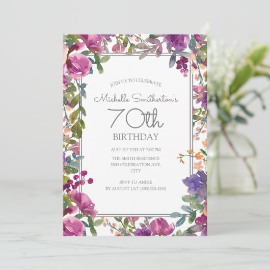 Elegant Paarse Waterverf Floral 70e verjaardag Kaart (Staand voorkant)