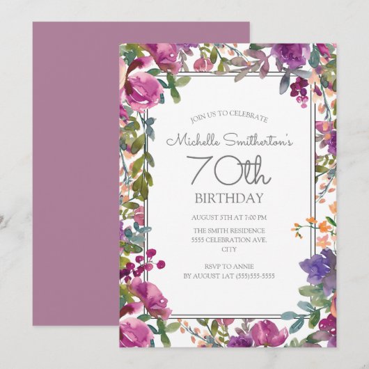 Elegant Paarse Waterverf Floral 70e verjaardag Kaart (Voorkant / Achterkant)