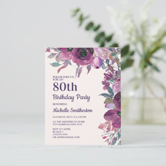 Elegant Paarse Waterverf Floral 80th Birthday Kaart (Staand voorkant)