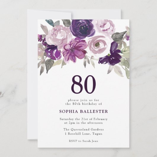 Elegant Paarse Waterverf Floral 80th Birthday Kaart (Voorkant)