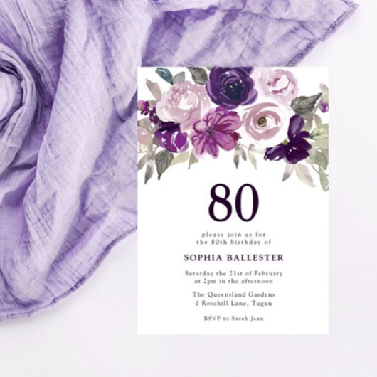 Elegant Paarse Waterverf Floral 80th Birthday Kaart