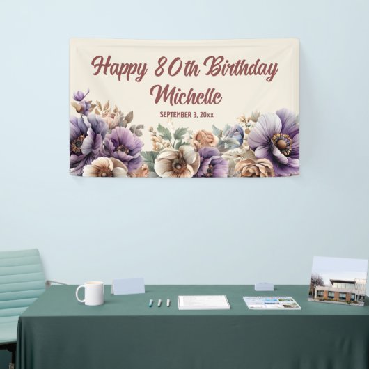 Elegant Paarse Waterverf Floral 80th Birthday Spandoek (Beurs)