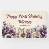 Elegant Paarse Waterverf Floral 80th Birthday Spandoek (Horizontaal)