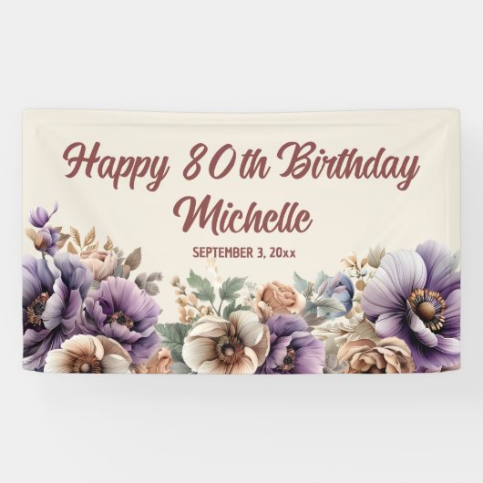 Elegant Paarse Waterverf Floral 80th Birthday Spandoek (Horizontaal)