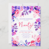 Elegant Paarse Waterverf Floral 90e verjaardag Kaart (Voorkant)