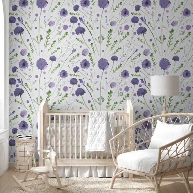 Elegant Paarse Waterverf Floral Behang (Elegant Purple Watercolor Floral Wallpaper from Studio Posies.)