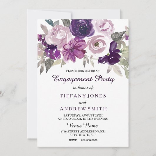 Elegant Paarse Waterverf Floral Engagement Party Kaart (Voorkant)