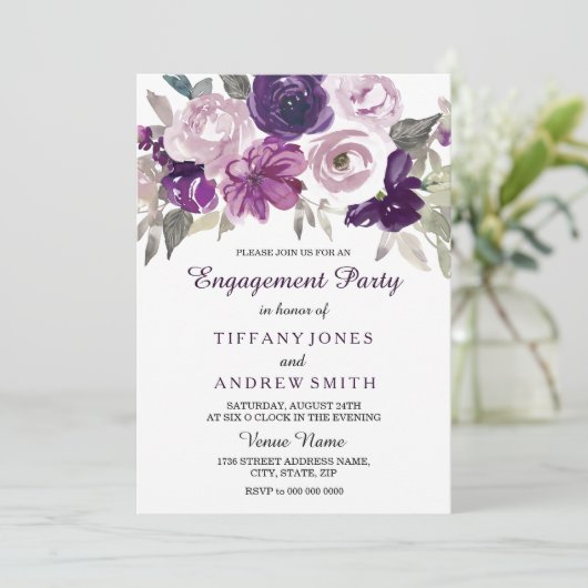 Elegant Paarse Waterverf Floral Engagement Party Kaart (Staand voorkant)