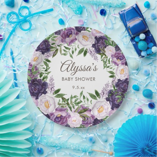 Elegant Paarse Waterverf Floral Girl Baby shower Papieren Bordje (Feest)