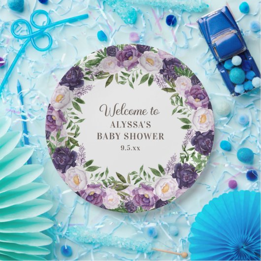 Elegant Paarse Waterverf Floral Girl Baby shower Papieren Bordje (Feest)