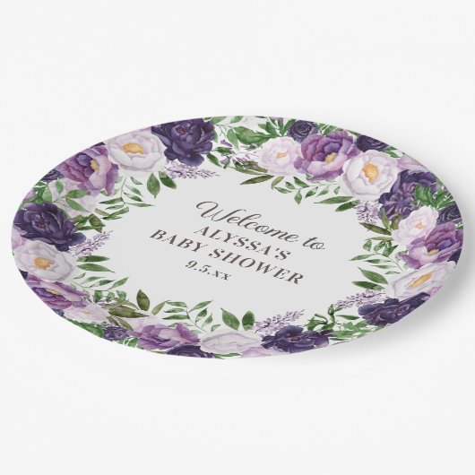 Elegant Paarse Waterverf Floral Girl Baby shower Papieren Bordje (Gekanteld)