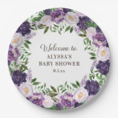 Elegant Paarse Waterverf Floral Girl Baby shower Papieren Bordje (Voorkant)