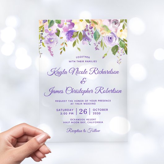 Elegant Paarse Waterverf Floral Modern Wedding Acryl Uitnodigingen