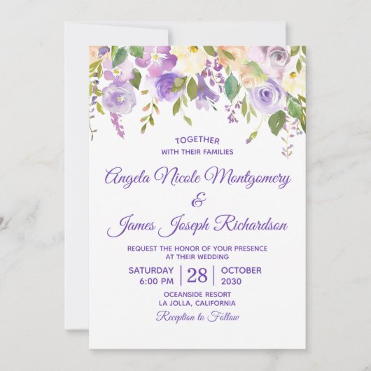 Elegant Paarse Waterverf Floral Modern Wedding Kaart (Voorkant)