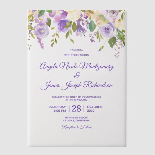 Elegant Paarse Waterverf Floral Modern Wedding Vellum Uitnodigingen (Voorkant)
