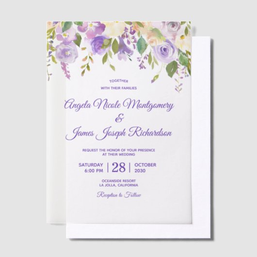Elegant Paarse Waterverf Floral Modern Wedding Vellum Uitnodigingen (Offset)