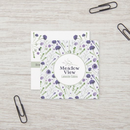 Elegant Paarse Waterverf Floral Pattern Vierkante Visitekaartje (Voorkant / Achterkant in situ)