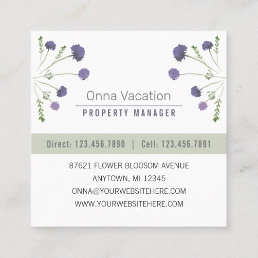 Elegant Paarse Waterverf Floral Pattern Vierkante Visitekaartje (Achterkant)