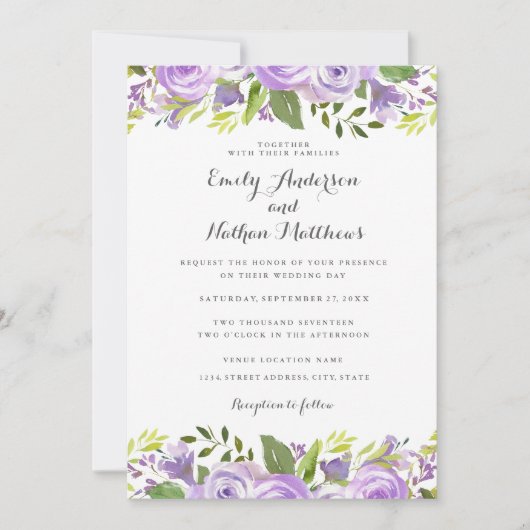 Elegant Paarse Waterverf Floral Roos Wedding Kaart (Voorkant)