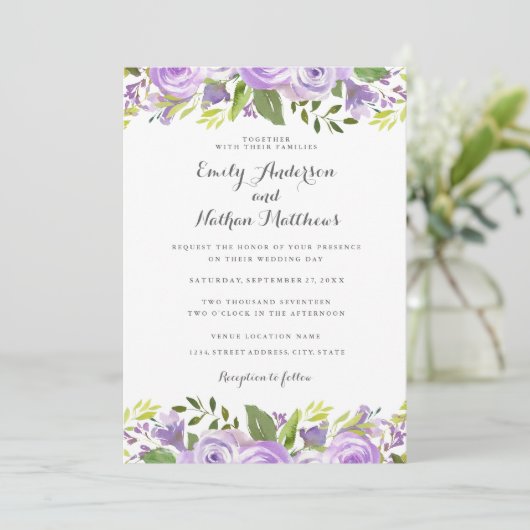 Elegant Paarse Waterverf Floral Roos Wedding Kaart (Staand voorkant)