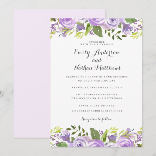 Elegant Paarse Waterverf Floral Roos Wedding Kaart (Voorkant / Achterkant)