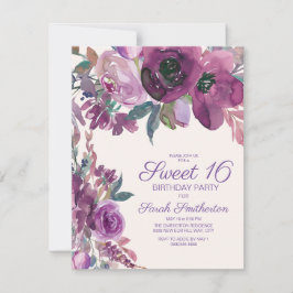 Elegant Paarse Waterverf Floral Sweet 16 Meisjes Kaart