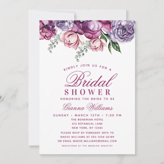 Elegant Paarse Waterverf Floral Vrijgezellenfeest Kaart (Voorkant)