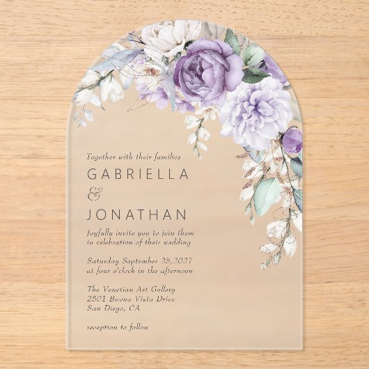 Elegant Paarse Waterverf Floral Wedding Acryl Uitnodigingen (Voorkant)