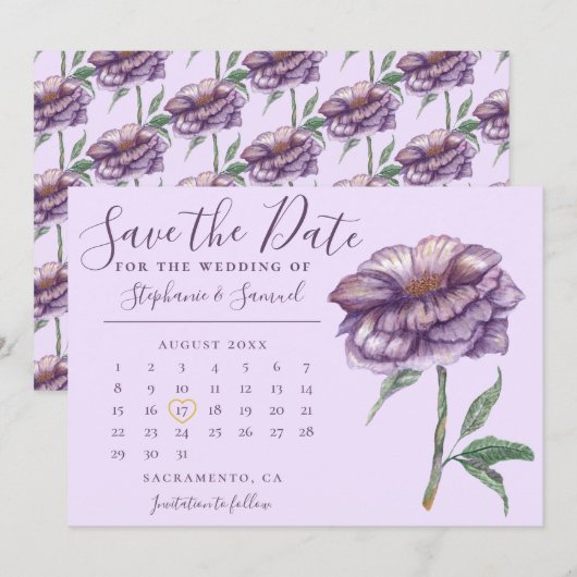 Elegant Paarse Waterverf Floral Wedding Agenda Save The Date (Voorkant / Achterkant)