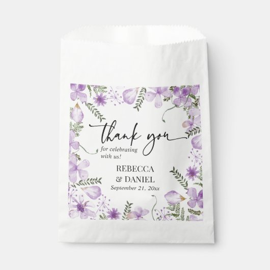 Elegant Paarse Waterverf Floral Wedding Bedankzakje (Voorkant)