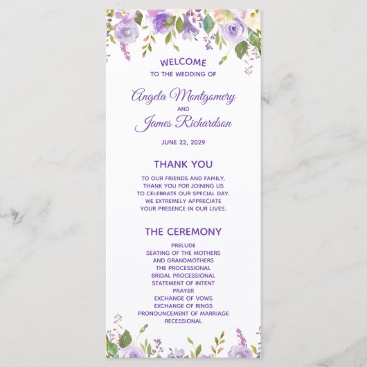 Elegant Paarse Waterverf Floral Wedding Ceremony Programmakaart (Voorkant)