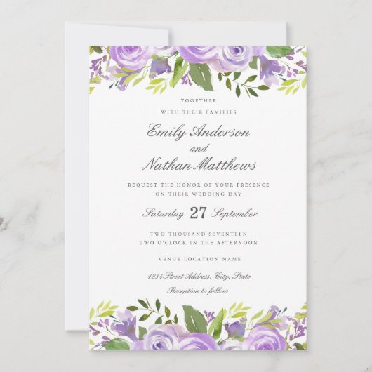 Elegant Paarse Waterverf Floral Wedding Kaart (Voorkant)