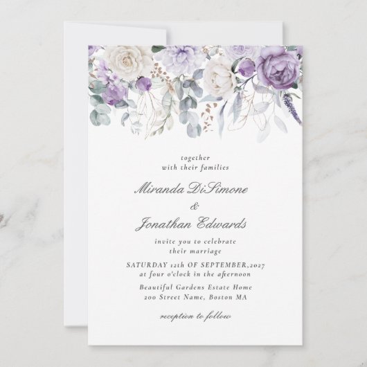 Elegant Paarse Waterverf Floral Wedding Kaart (Voorkant)