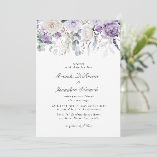 Elegant Paarse Waterverf Floral Wedding Kaart (Staand voorkant)
