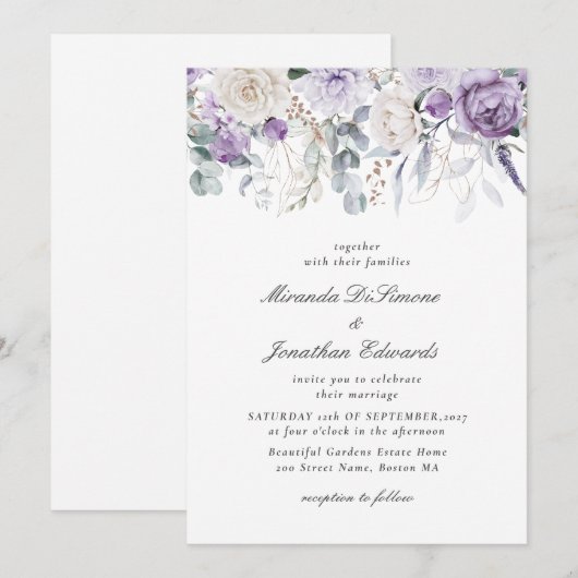 Elegant Paarse Waterverf Floral Wedding Kaart (Voorkant / Achterkant)