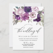 Elegant Paarse Waterverf Floral Wedding Kaart (Voorkant)
