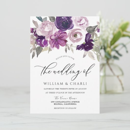 Elegant Paarse Waterverf Floral Wedding Kaart (Staand voorkant)