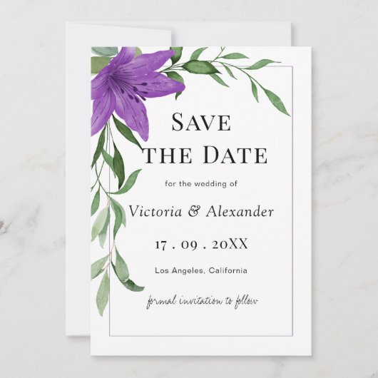 Elegant Paarse Waterverf Floral Wedding Save The Date (Voorkant)