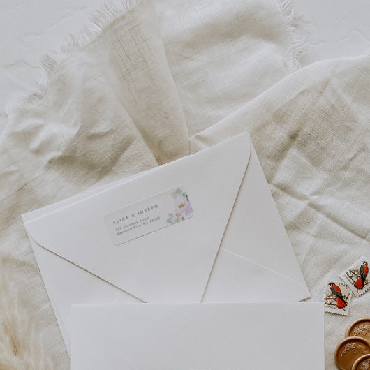 Elegant Paarse Waterverf Flowers & Green Wedding Etiket