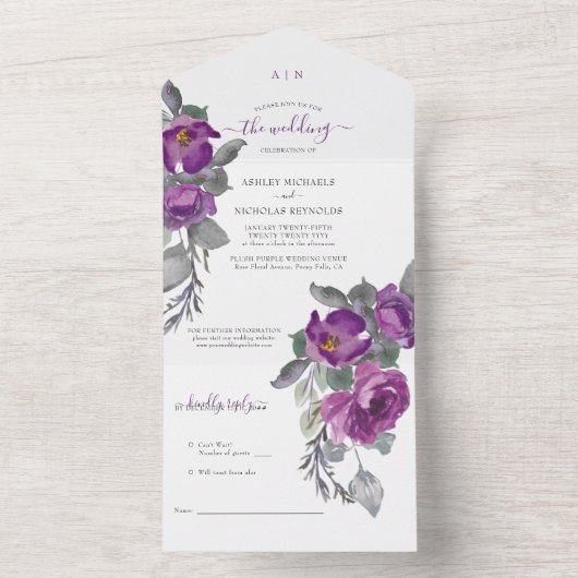 Elegant Paarse Waterverf Flowers Wedding All In One Uitnodiging (Binnen)