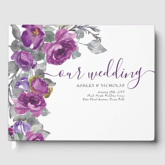 Elegant Paarse Waterverf Flowers Wedding Gastenboek (Voorkant)